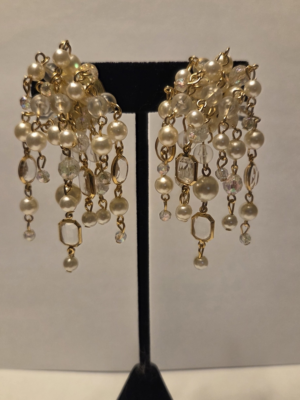 Vintage Gold-tone Faux Pearl Sparkle Dangle Clip-On Earrings